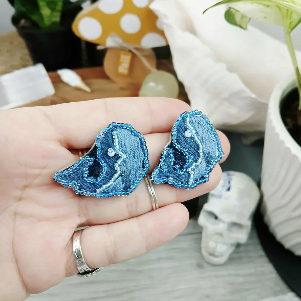 Whale Beaded Embroidery Stud Earrings, Handmade OOAK Ocean Beach - Picture 3 of 4